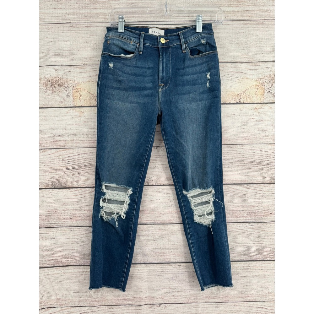 Frame Le High Skinny Crop Jeans Womens 27 Blue Distressed Raw Hem LHSKCRA230